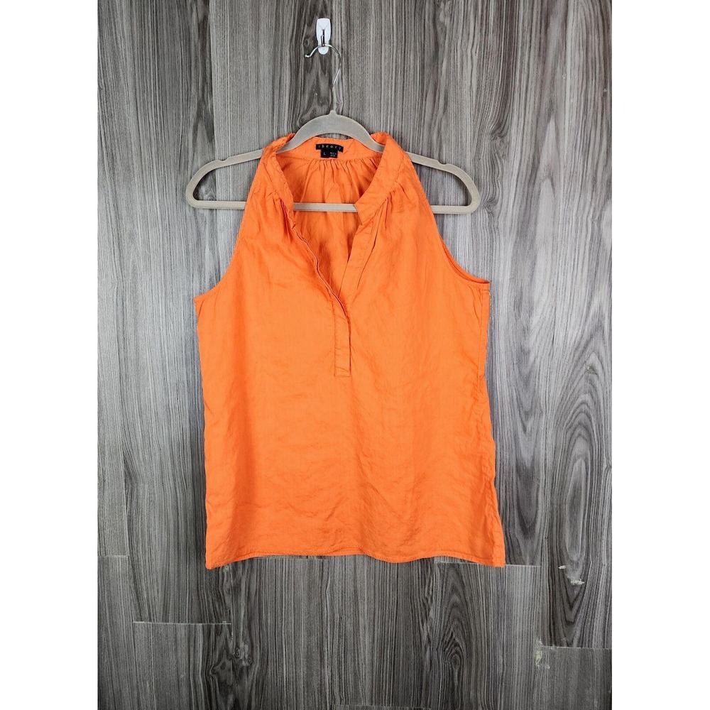 Theory Womens Orange Sleeveless Linen Blend Split Neck Blouse Top Size L